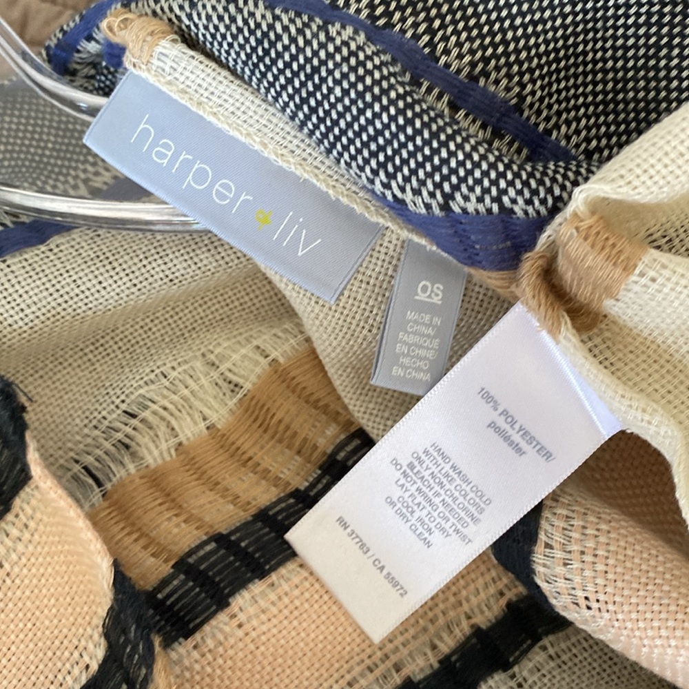 HAPER & LIV open weave stripe open front poncho wrap shawl scarf blue tan beige - Picture 2 of 4